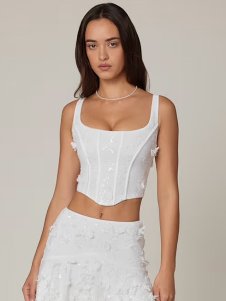 Oh Polly Letitia Embellished Lace-Up Corset Top In White